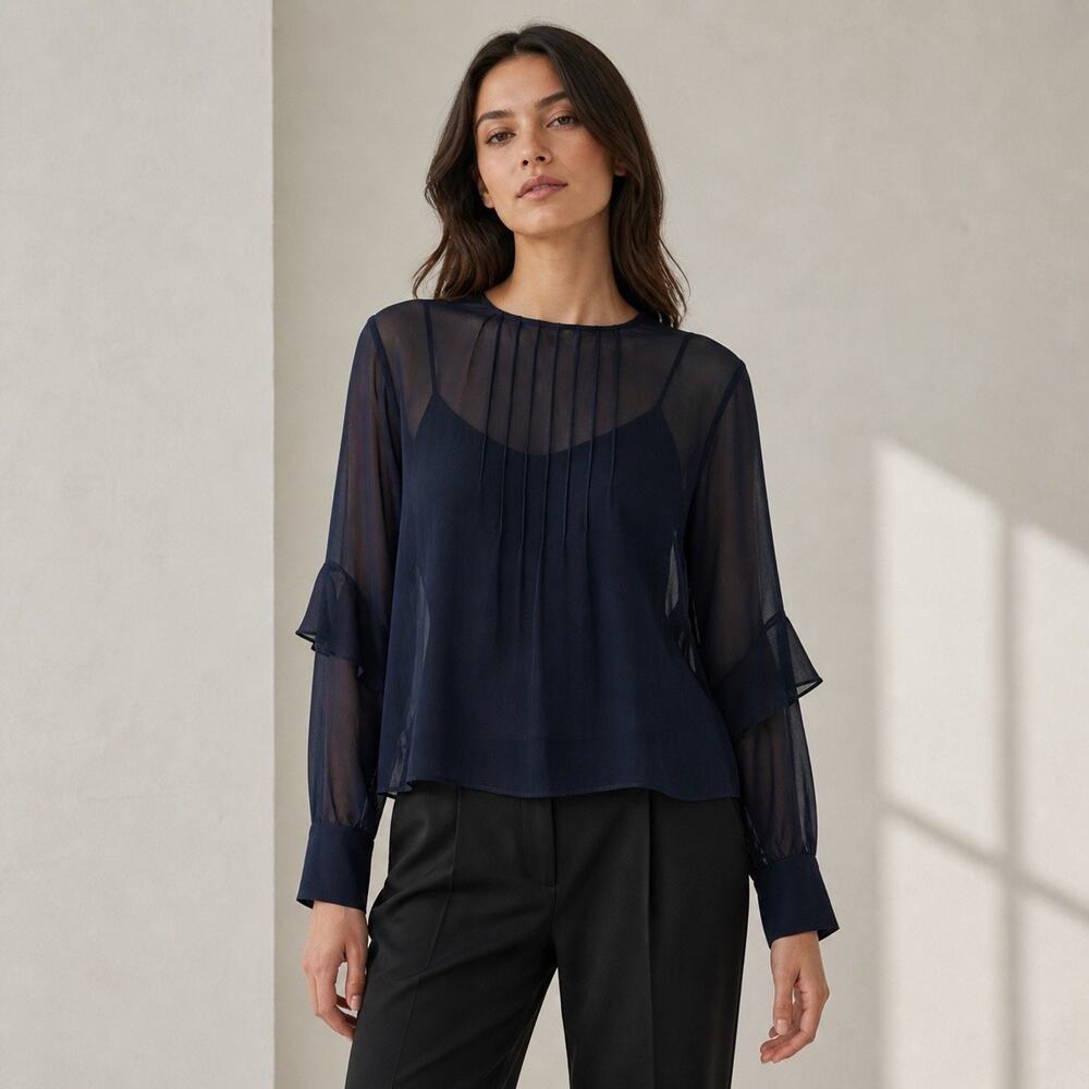 Club Monaco Silk Sheer Blouse Large Navy Pintuck Pleat Ruffle Sleeve Minimalist
